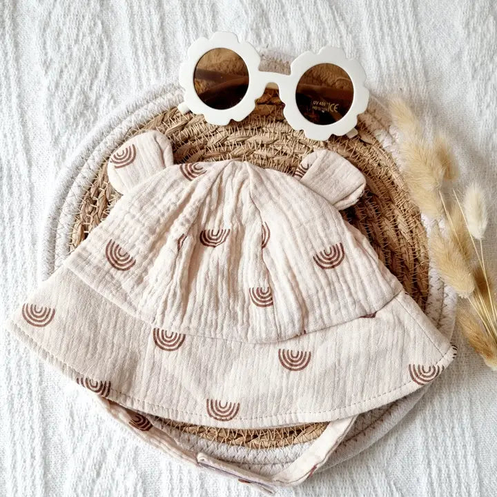 Chapeau de soleil en mousseline pour bébé - Beige avec arc-en-ciel