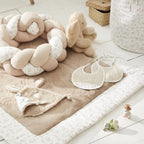 Doudou lapin petit cœur – fausse fourrure beige / coton imprimé