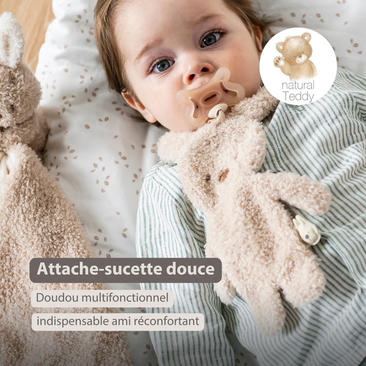 TEDDY Attache-tétine doudou bébé - Lapin doudou porte-sucette