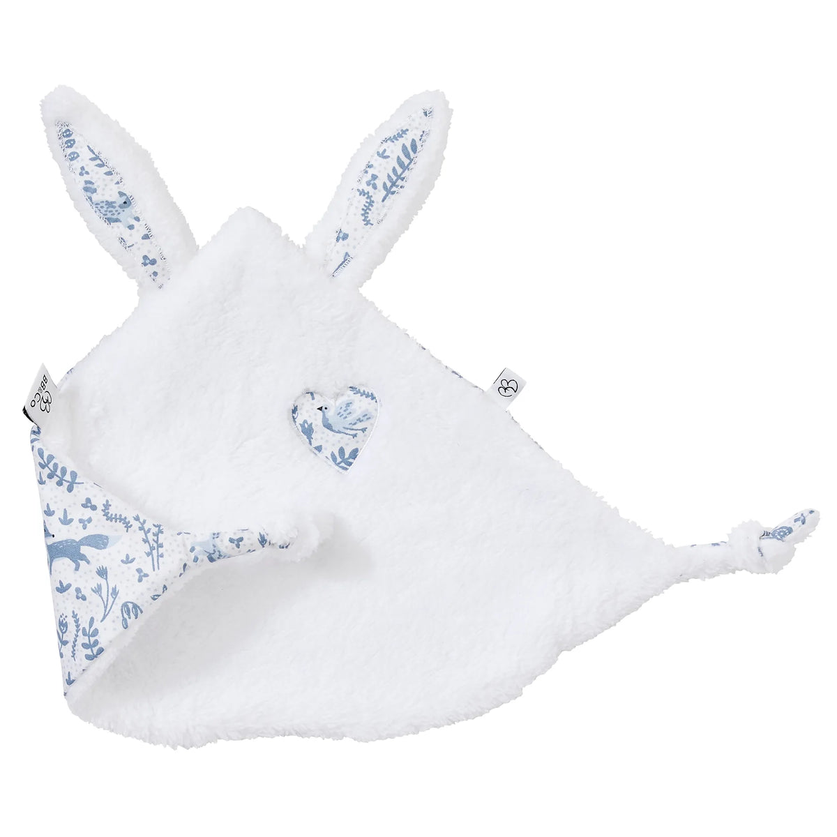 Doudou lapin petit cœur – microfibre blanc / imp. forêt