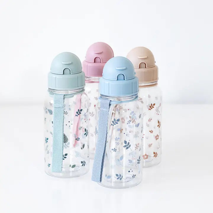 Bouteille en plastique Tritan avec motifs feuilles bleue et verte